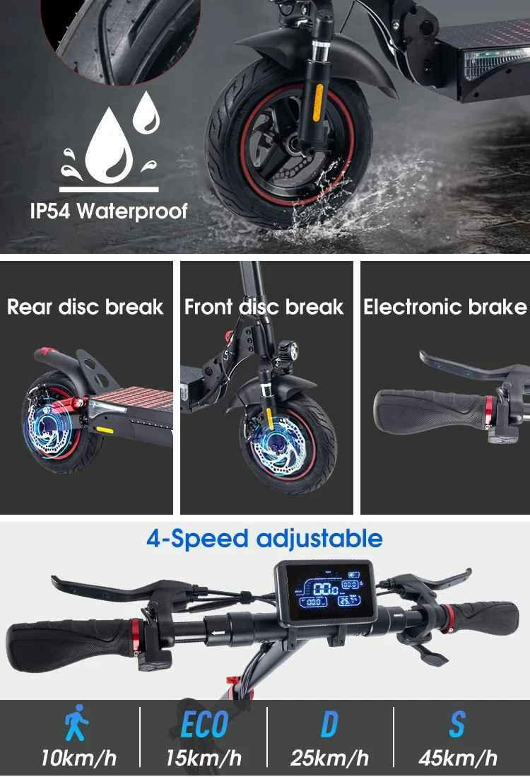 EcoDrift T4 Elsparkcykel från EcoDrift har 600W frontmotor, IP54-klassning, skivbromsar fram och bak, elektroniska broms, 4 hastighetslägen (10/15/25/40 km/h), GPS-spårning samt fällbar design. Närbilder visa på bromsar och styre.