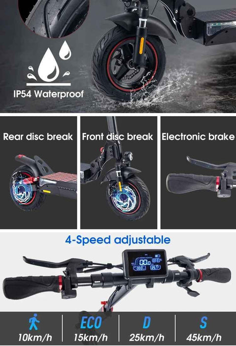 EcoDrift T4 Elsparkcykel från EcoDrift har 600W frontmotor, IP54-klassning, skivbromsar fram och bak, elektroniska broms, 4 hastighetslägen (10/15/25/40 km/h), GPS-spårning samt fällbar design. Närbilder visa på bromsar och styre.