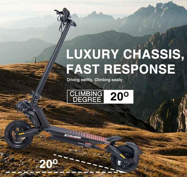 EcoDrift T8 – kraftfull elscooter med lyxigt chassi, LCD-display och 20° klättringsförmåga, visas i bergsterräng med lutad körposition och 10-tums offroad-däck