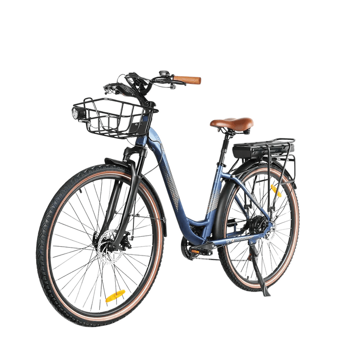 Marinblå Samebike elcykel för damer med 28-tums hjul, framkorg och bekväm sadel – idealisk för pendling och stadskörning
