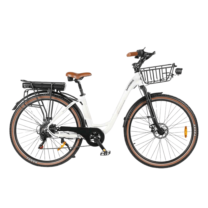 Vit Samebike elcykel för damer med 28-tums hjul, framkorg och bekväm sadel – perfekt för stadskörning och pendling
