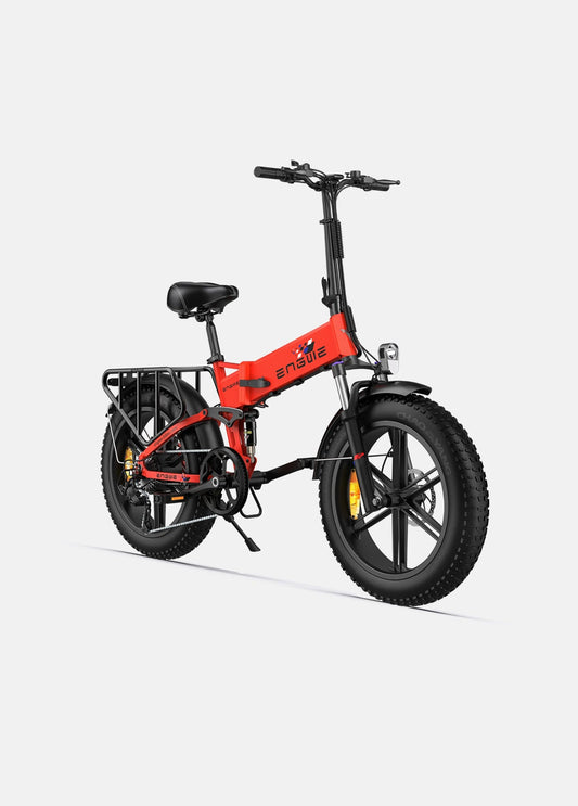 Engwe Engine X hopfällbar elcykel i rött – kompakt fatbike med breda däck och stark motor för både stad och terräng