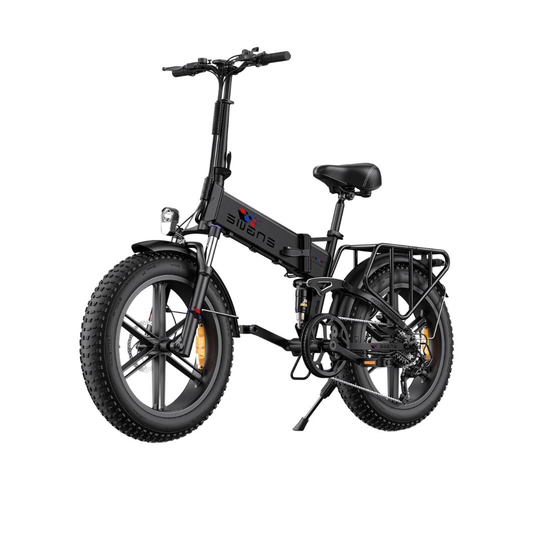 Svart Engwe Engine X hopfällbar elcykel – robust fatbike med breda däck och kraftfull motor för stad och terräng