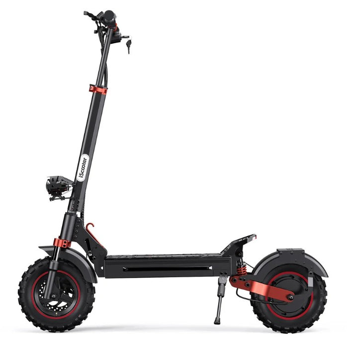 iScooter iX5S elscooter sedd från sidan med grova däck, 1000W motor och röda detaljer