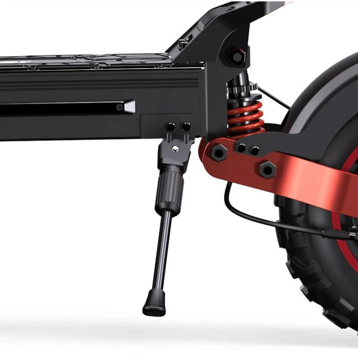 Närbild på iScooter iX5S elscooter – stödben, röd bakfjädring och grovt terrängdäck