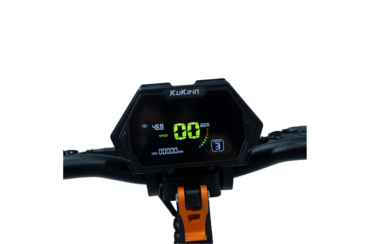 LCD-display på KuKirin G2 Pro VMP Master – visar hastighet, batterinivå och körläge i färg för optimal kontroll under körning.