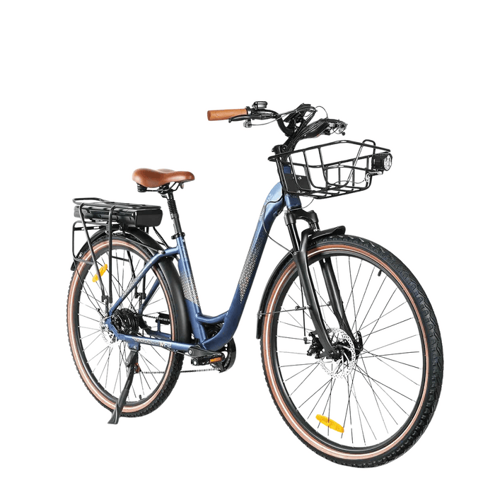 Samebike elcykel för damer – marinblå stadscykel med 28-tums hjul, framkorg och bekväm sadel, perfekt för pendling och vardagsbruk