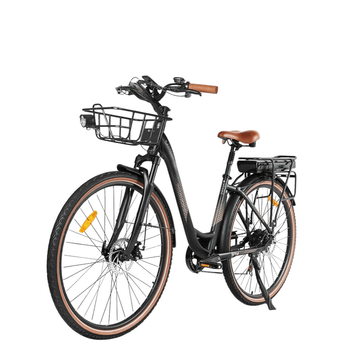 Samebike elcykel för damer – svart stadscykel med 28-tums hjul, framkorg och bekväm sadel, perfekt för pendling och vardagsbruk