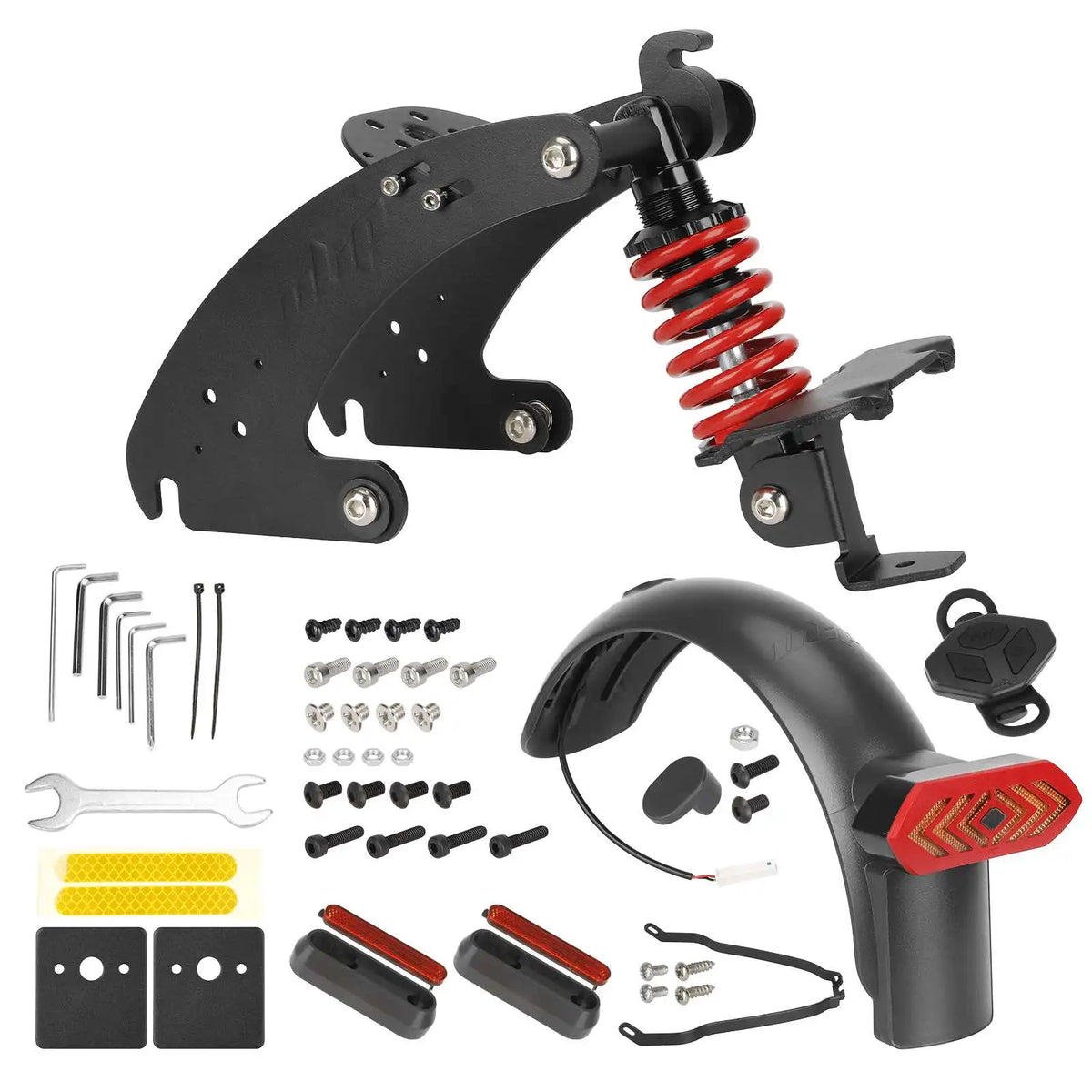 Produktinformation om V4-fjädringsenhet baktill med körriktningsljus och hjulskärm – Ninebot Max G30